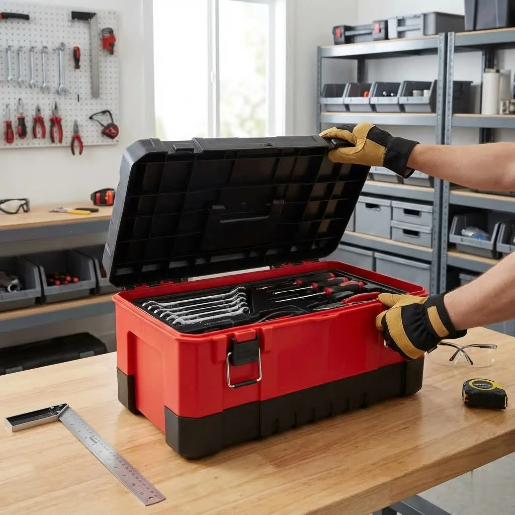 Organized top chest tool box with various tools