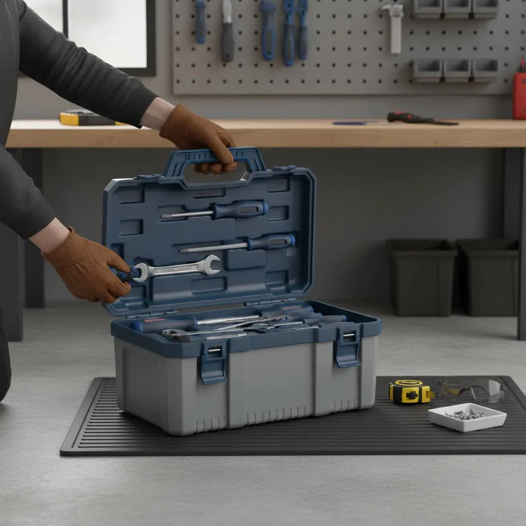 Organized garage with a large rolling tool chest